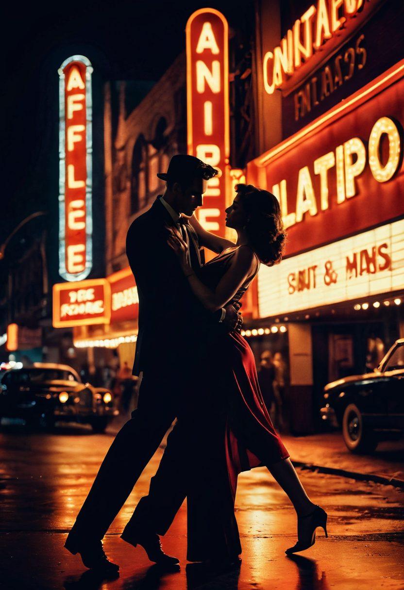 A captivating and alluring scene depicting a sultry dance between two figures illuminated by dramatic lighting. The backdrop features a vintage cinema marquee with bold, seductive lettering. Portray elements of tension and intimacy, blending sensuality with elegance in their poses. The color palette should encompass deep reds and golds, invoking a feeling of romance and allure. vintage film noir style. vibrant colors. dramatic shadows.