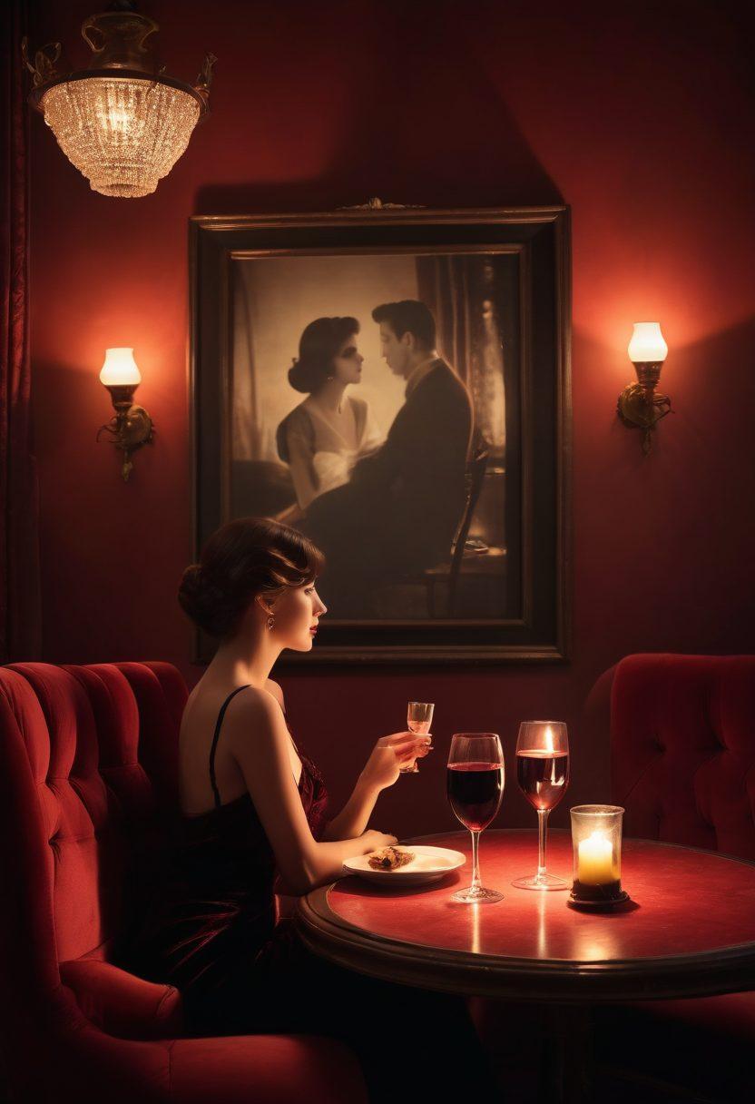 A dimly lit vintage cinema with plush velvet seats, showcasing a large screen displaying an alluring intimate scene from an erotic film. Silhouettes of couples in a seductive embrace are projected, surrounded by soft, atmospheric lighting and rich textures. A glass of red wine and a flickering candle on a small table in the foreground enhance the mood of sensuality. Art Deco design elements frame the scene, invoking a sense of nostalgia and allure. super-realistic. warm colors. vintage style.
